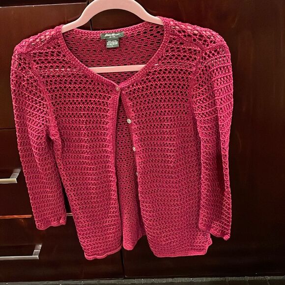 Eddie Bauer Sweaters - Eddie Bauer large crochet knitted sweater cardigan, women’s dark pink